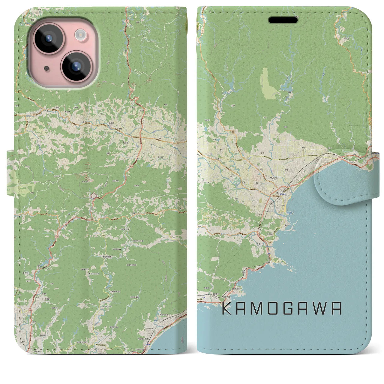 【鴨川（千葉県）】地図柄iPhoneケース（手帳タイプ）ナチュラル・iPhone 15 Plus 用