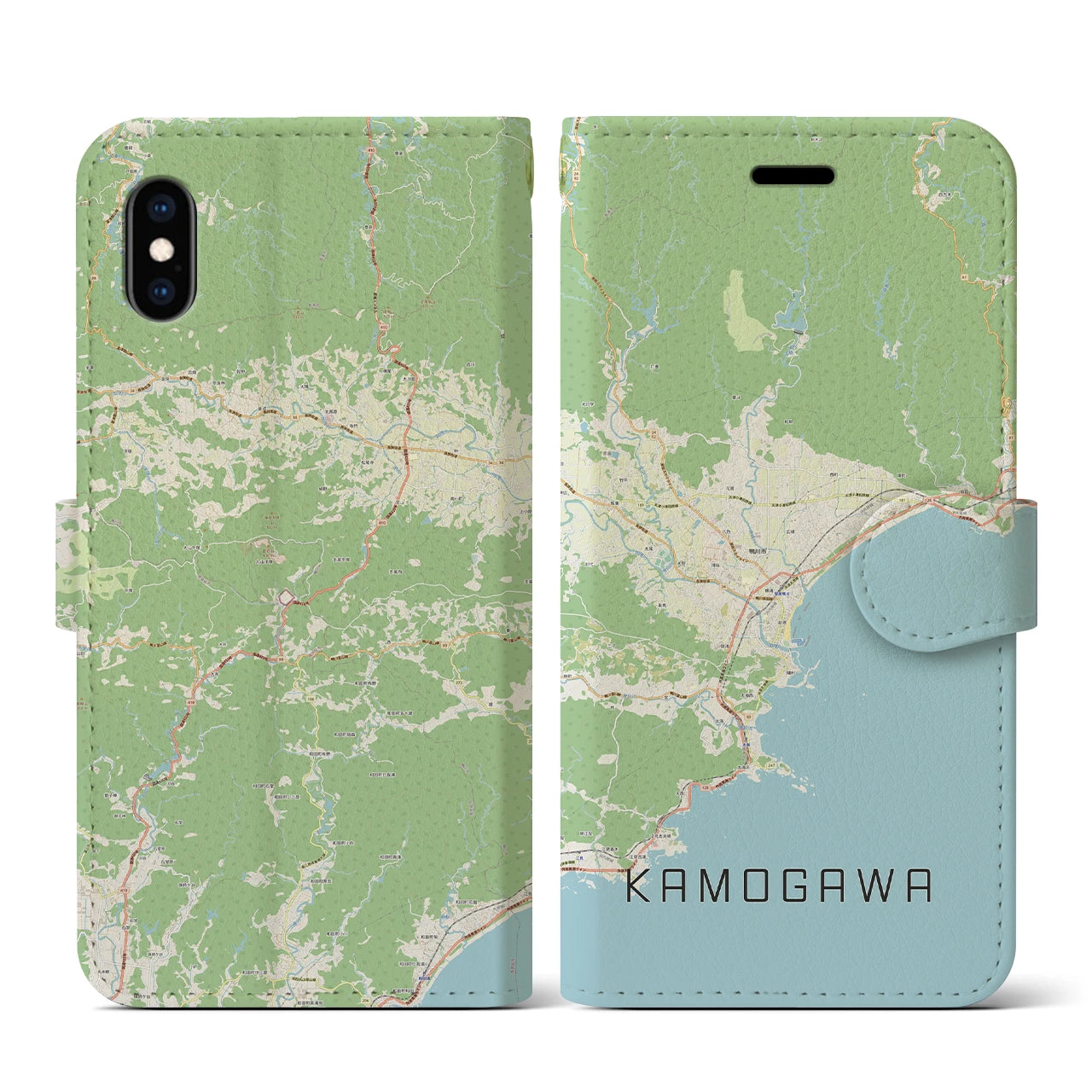 【鴨川（千葉県）】地図柄iPhoneケース（手帳タイプ）ナチュラル・iPhone XS / X 用