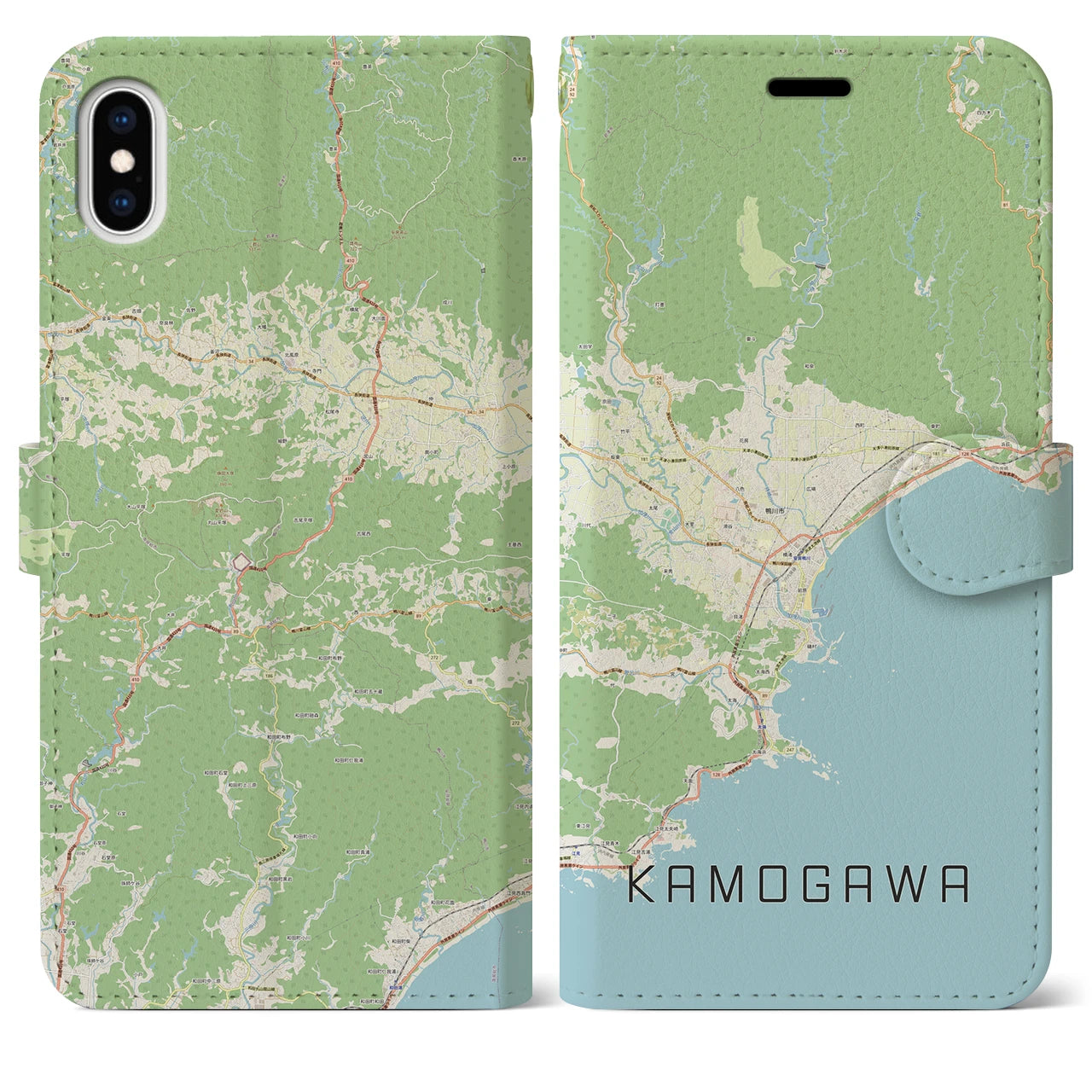 【鴨川（千葉県）】地図柄iPhoneケース（手帳タイプ）ナチュラル・iPhone XS Max 用