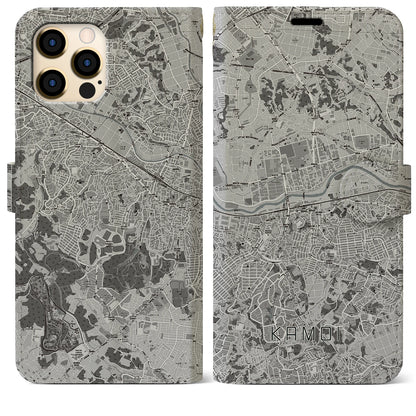 【鴨居（神奈川県）】地図柄iPhoneケース（手帳タイプ）モノトーン・iPhone 12 Pro Max 用