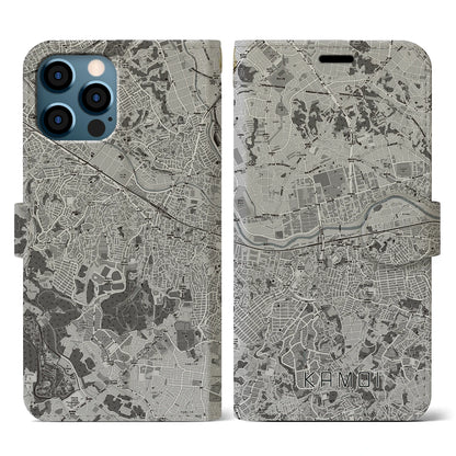 【鴨居（神奈川県）】地図柄iPhoneケース（手帳タイプ）モノトーン・iPhone 12 / 12 Pro 用