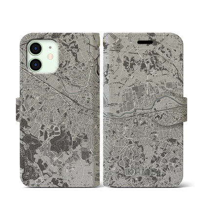 【鴨居（神奈川県）】地図柄iPhoneケース（手帳タイプ）モノトーン・iPhone 12 mini 用