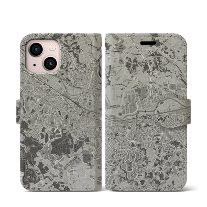 【鴨居（神奈川県）】地図柄iPhoneケース（手帳タイプ）モノトーン・iPhone 13 mini 用