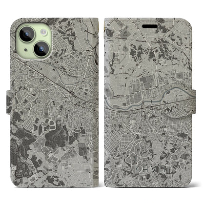 【鴨居（神奈川県）】地図柄iPhoneケース（手帳タイプ）モノトーン・iPhone 15 用