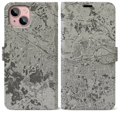 【鴨居（神奈川県）】地図柄iPhoneケース（手帳タイプ）モノトーン・iPhone 15 Plus 用