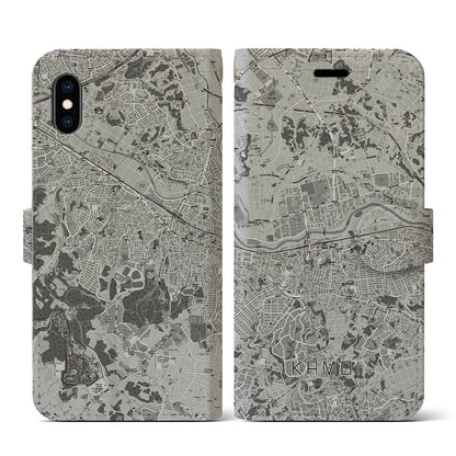 【鴨居（神奈川県）】地図柄iPhoneケース（手帳タイプ）モノトーン・iPhone XS / X 用