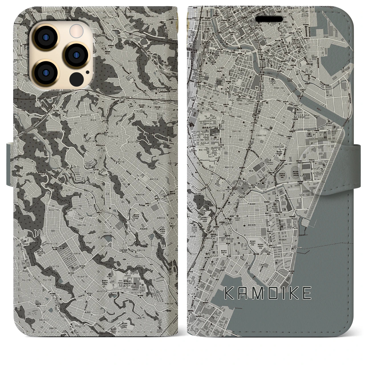 【鴨池】地図柄iPhoneケース（手帳両面タイプ・モノトーン）iPhone 12 Pro Max 用