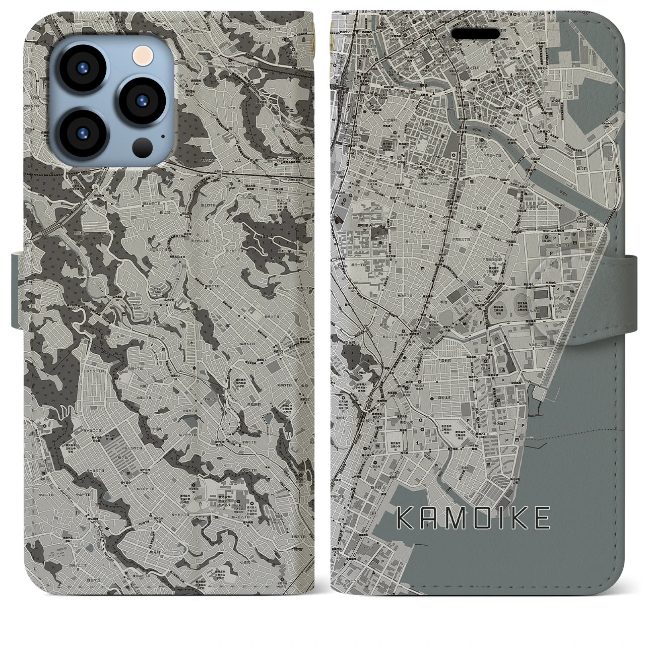 【鴨池】地図柄iPhoneケース（手帳両面タイプ・モノトーン）iPhone 13 Pro Max 用