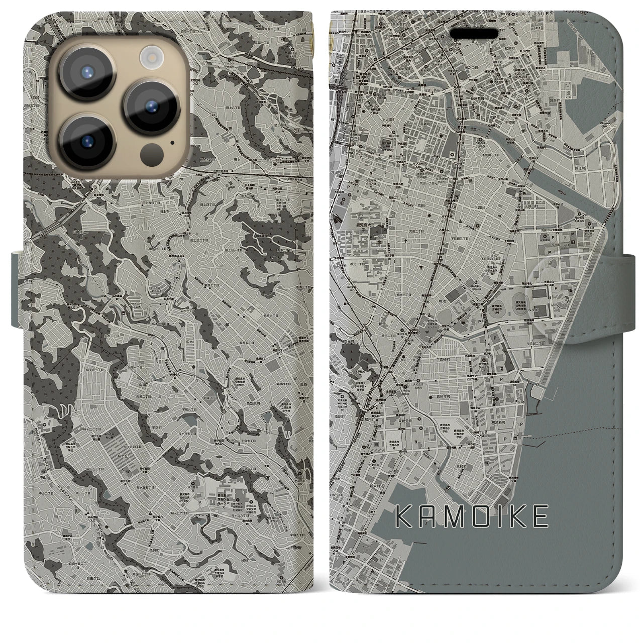 【鴨池】地図柄iPhoneケース（手帳両面タイプ・モノトーン）iPhone 14 Pro Max 用