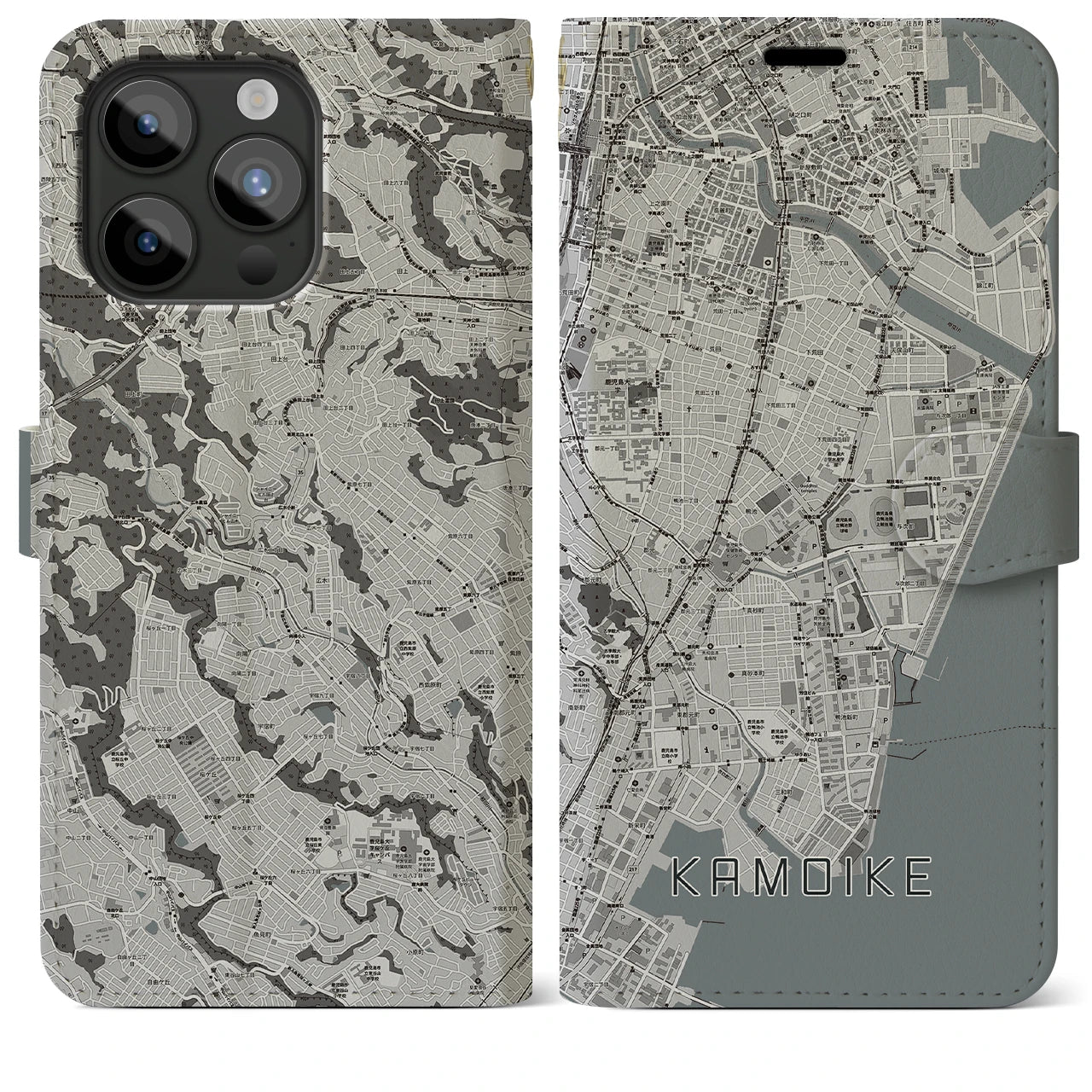 【鴨池】地図柄iPhoneケース（手帳両面タイプ・モノトーン）iPhone 15 Pro Max 用
