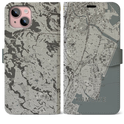 【鴨池（鹿児島県）】地図柄iPhoneケース（手帳タイプ）モノトーン・iPhone 15 Plus 用