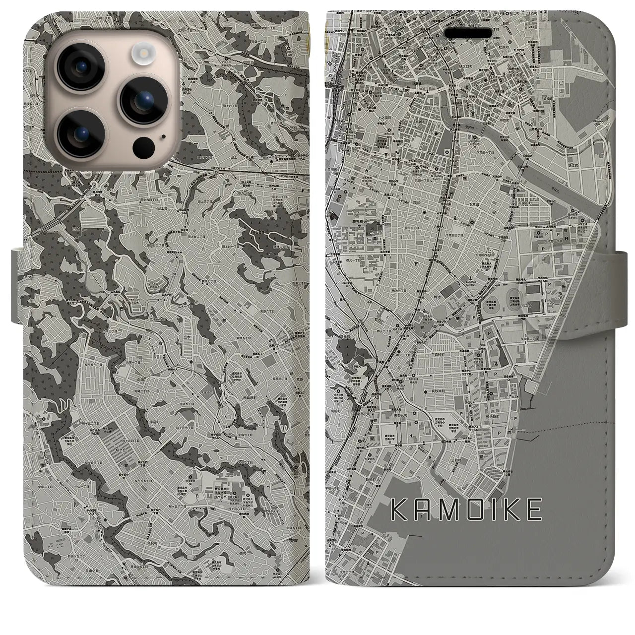 【鴨池（鹿児島県）】地図柄iPhoneケース（手帳タイプ）モノトーン・iPhone 16 Plus 用