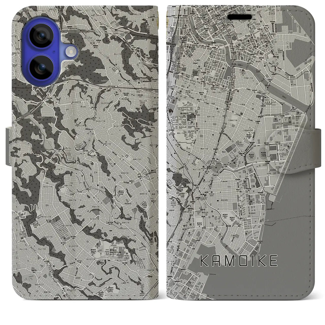 【鴨池(鹿児島県)】地図柄iPhoneケース(手帳タイプ)モノトーン・iPhone 16 Pro Max 用