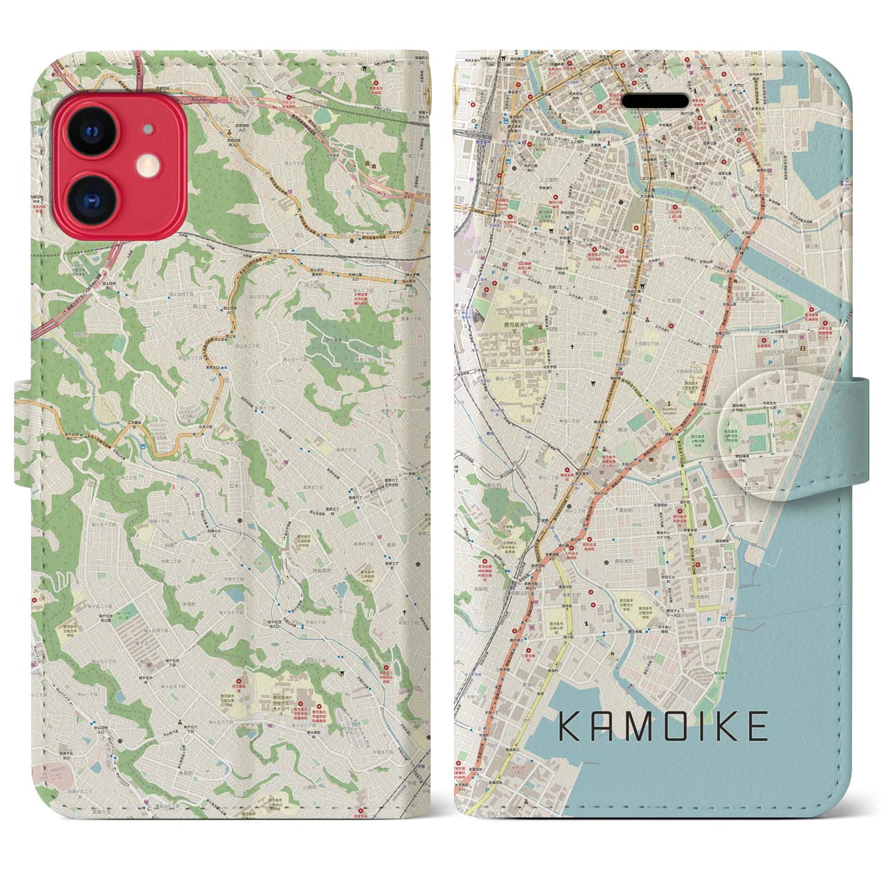 【鴨池（鹿児島県）】地図柄iPhoneケース（手帳タイプ）ナチュラル・iPhone 11 用