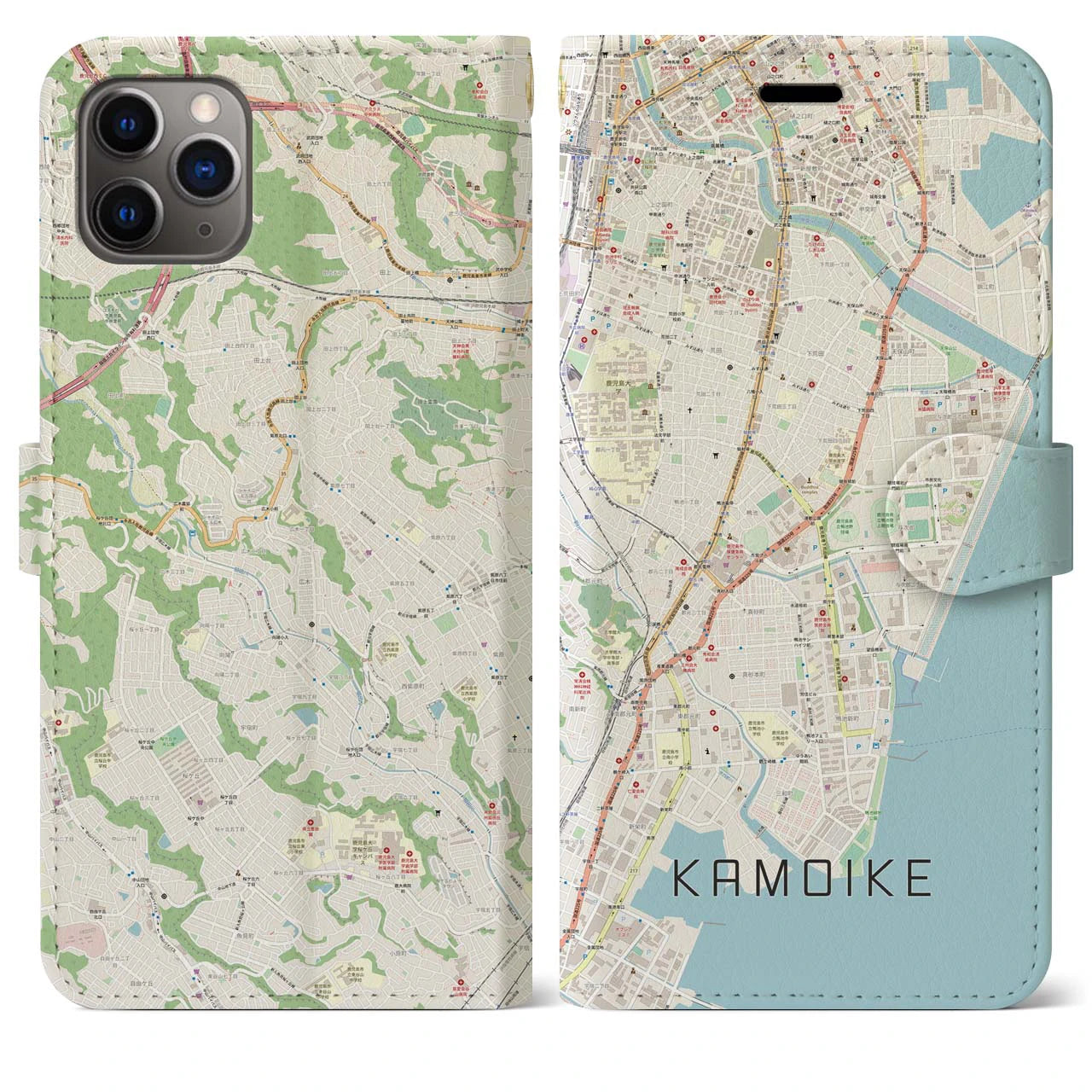 【鴨池（鹿児島県）】地図柄iPhoneケース（手帳タイプ）ナチュラル・iPhone 11 Pro Max 用