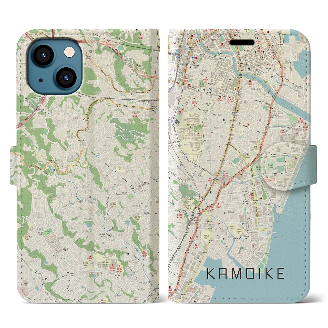 【鴨池（鹿児島県）】地図柄iPhoneケース（手帳タイプ）ナチュラル・iPhone 13 用