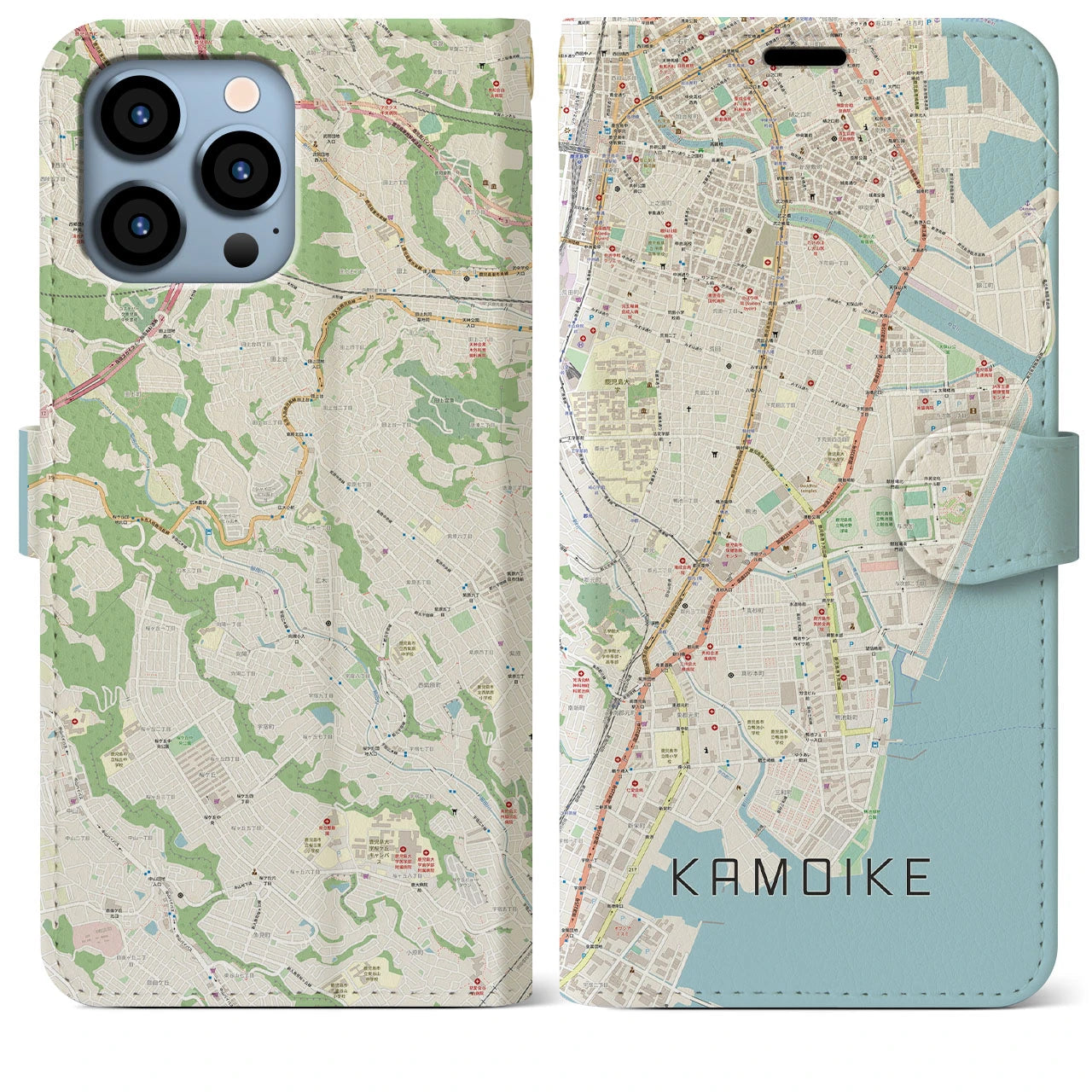 【鴨池（鹿児島県）】地図柄iPhoneケース（手帳タイプ）ナチュラル・iPhone 13 Pro Max 用