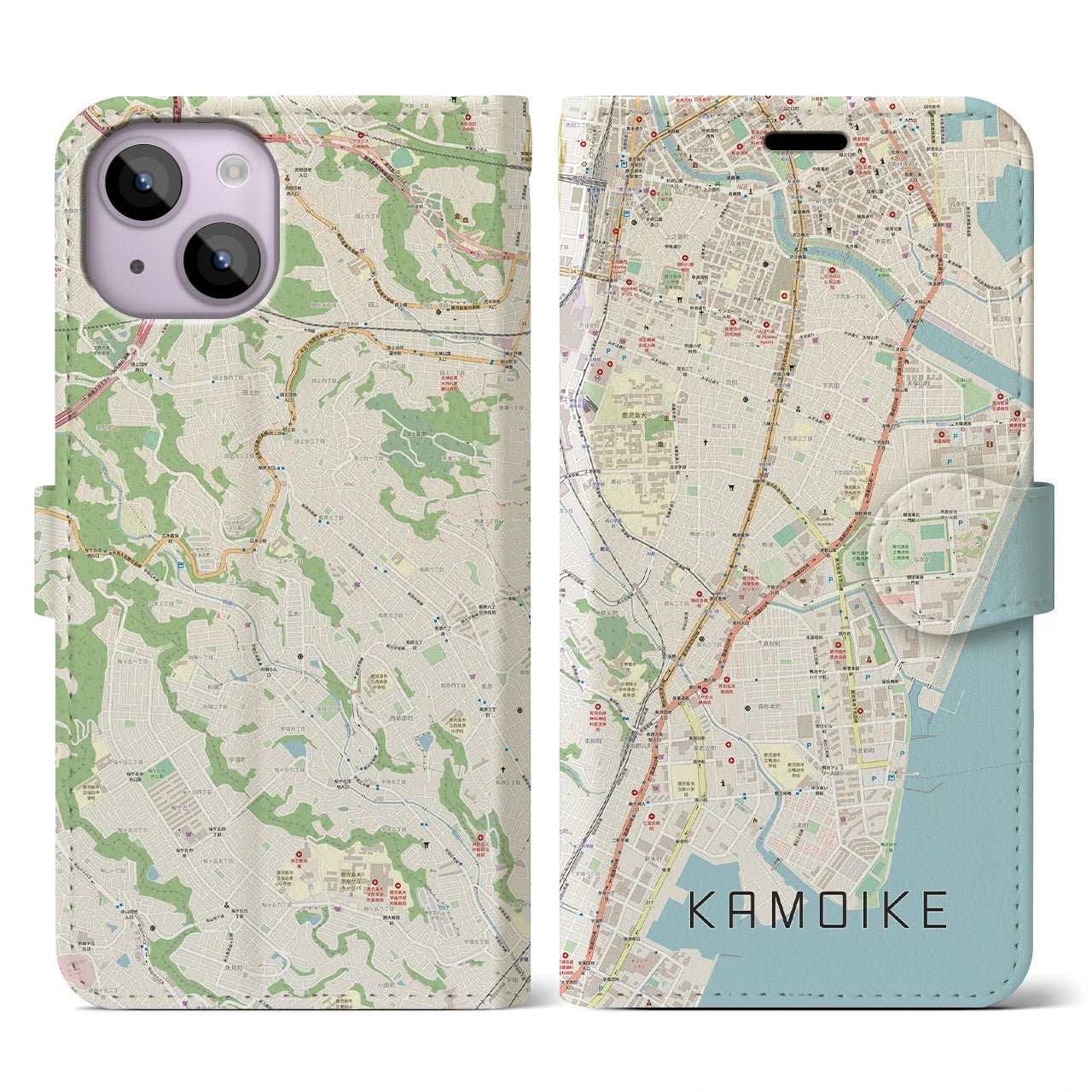 【鴨池（鹿児島県）】地図柄iPhoneケース（手帳タイプ）ナチュラル・iPhone 14 用