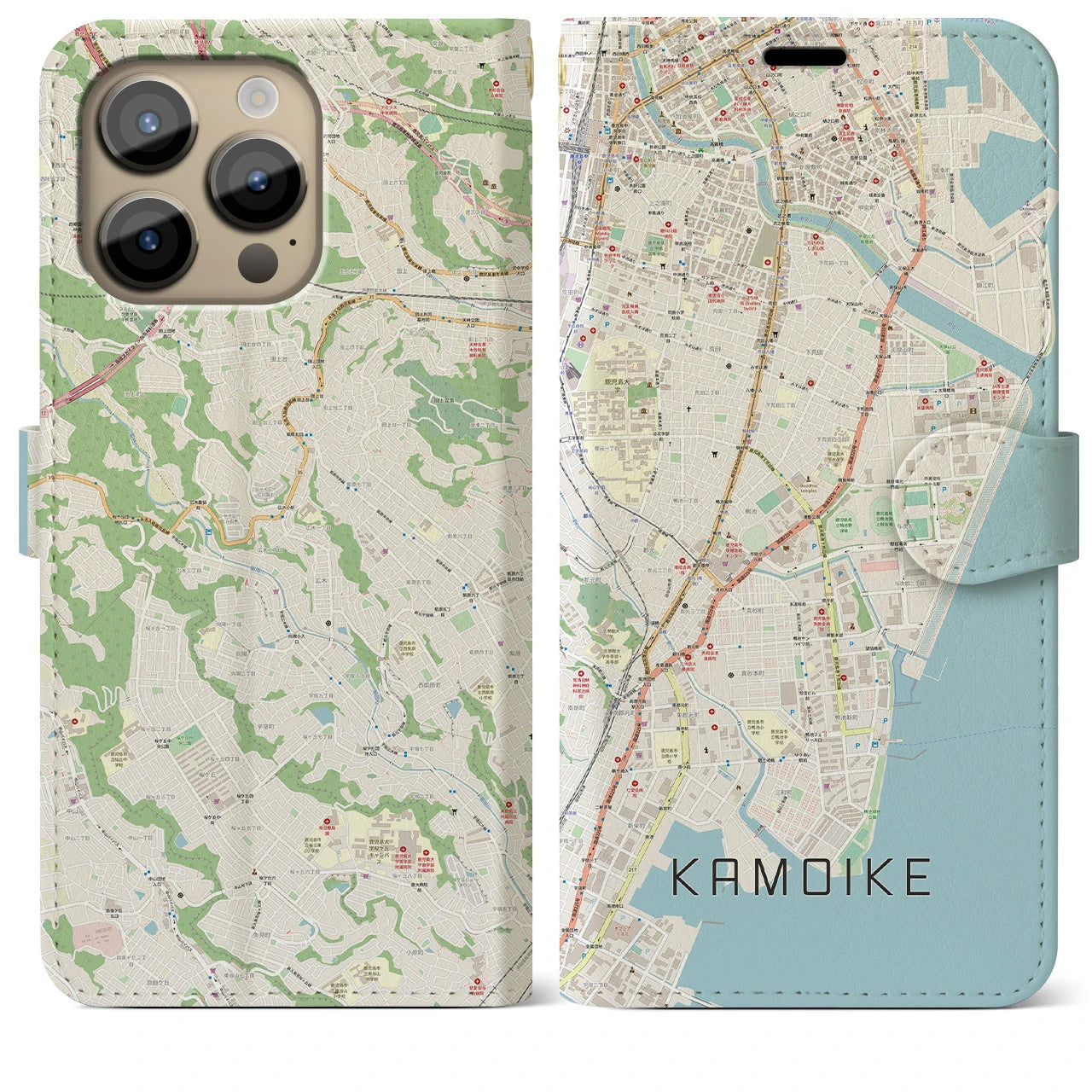 【鴨池（鹿児島県）】地図柄iPhoneケース（手帳タイプ）ナチュラル・iPhone 14 Pro Max 用