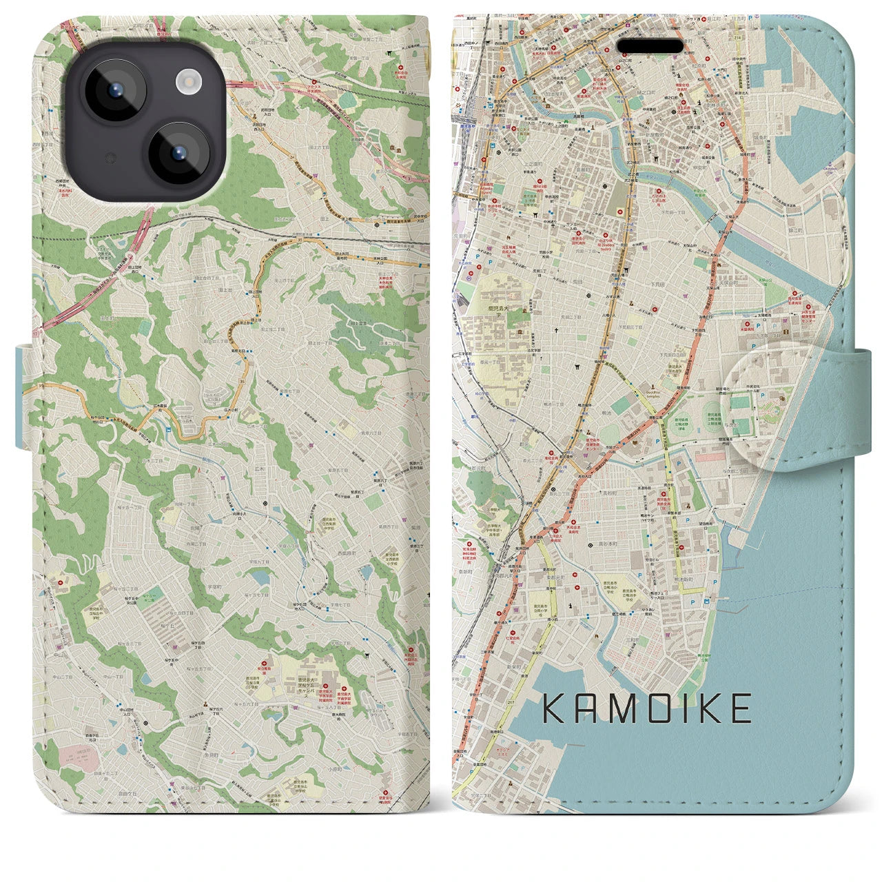 【鴨池（鹿児島県）】地図柄iPhoneケース（手帳タイプ）ナチュラル・iPhone 14 Plus 用