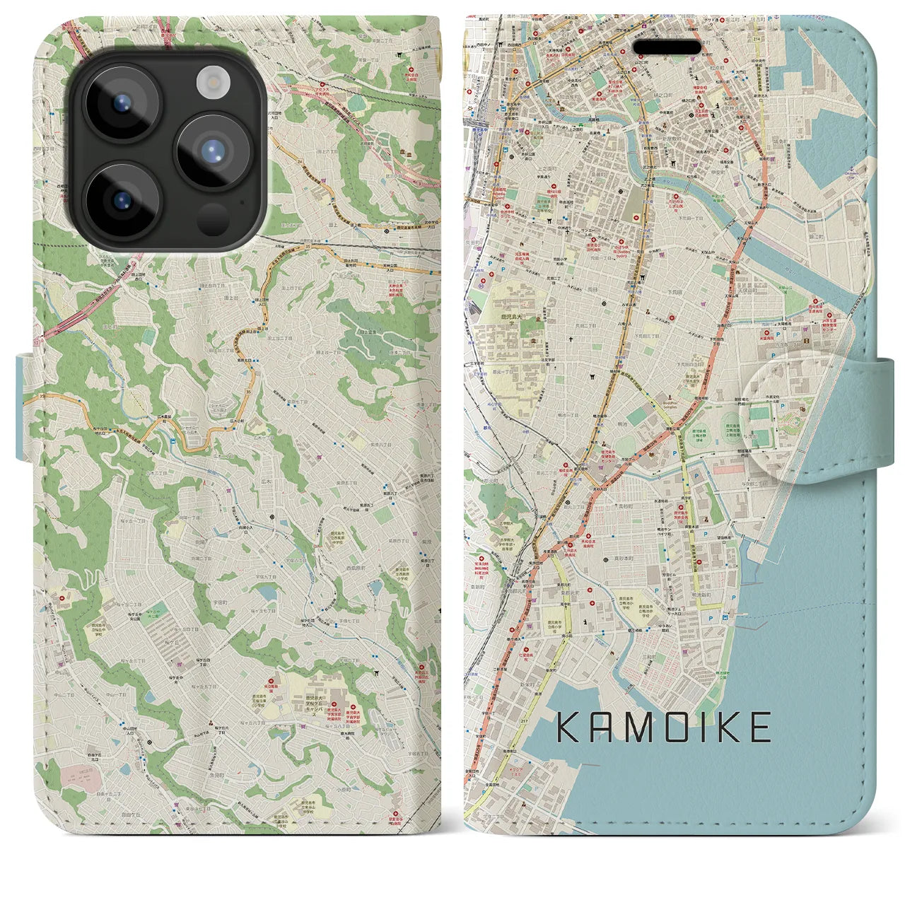 【鴨池（鹿児島県）】地図柄iPhoneケース（手帳タイプ）ナチュラル・iPhone 15 Pro Max 用