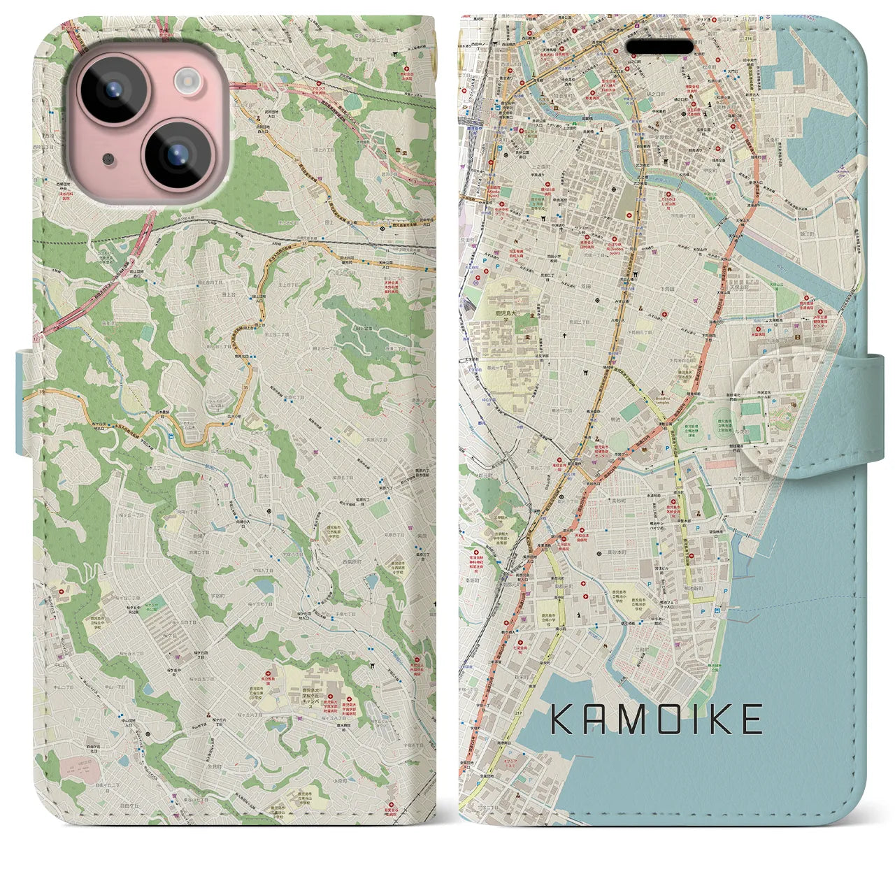 【鴨池（鹿児島県）】地図柄iPhoneケース（手帳タイプ）ナチュラル・iPhone 15 Plus 用