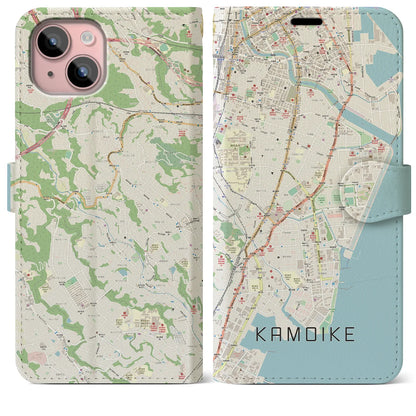 【鴨池（鹿児島県）】地図柄iPhoneケース（手帳タイプ）ナチュラル・iPhone 15 Plus 用