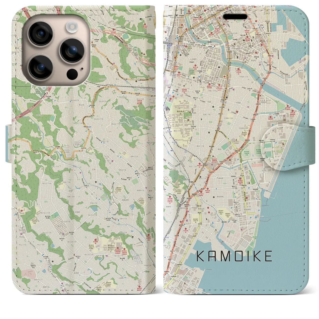 【鴨池（鹿児島県）】地図柄iPhoneケース（手帳タイプ）ナチュラル・iPhone 16 Plus 用