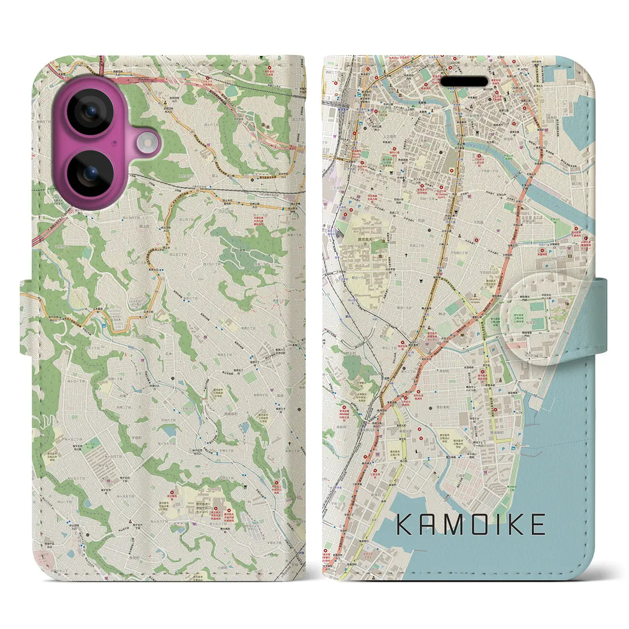 【鴨池（鹿児島県）】地図柄iPhoneケース（手帳タイプ）ナチュラル・iPhone 16 Pro 用