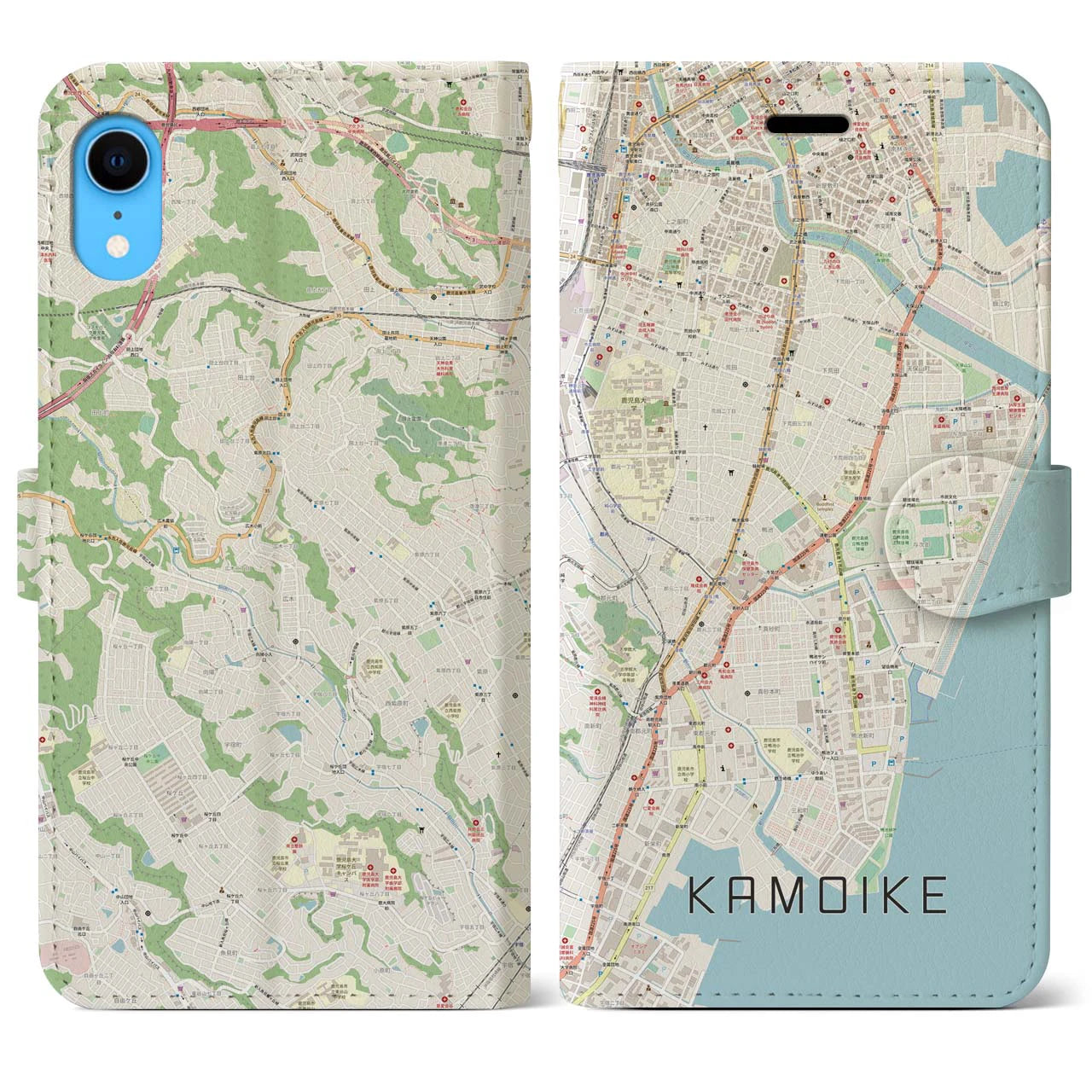 【鴨池（鹿児島県）】地図柄iPhoneケース（手帳タイプ）ナチュラル・iPhone XR 用