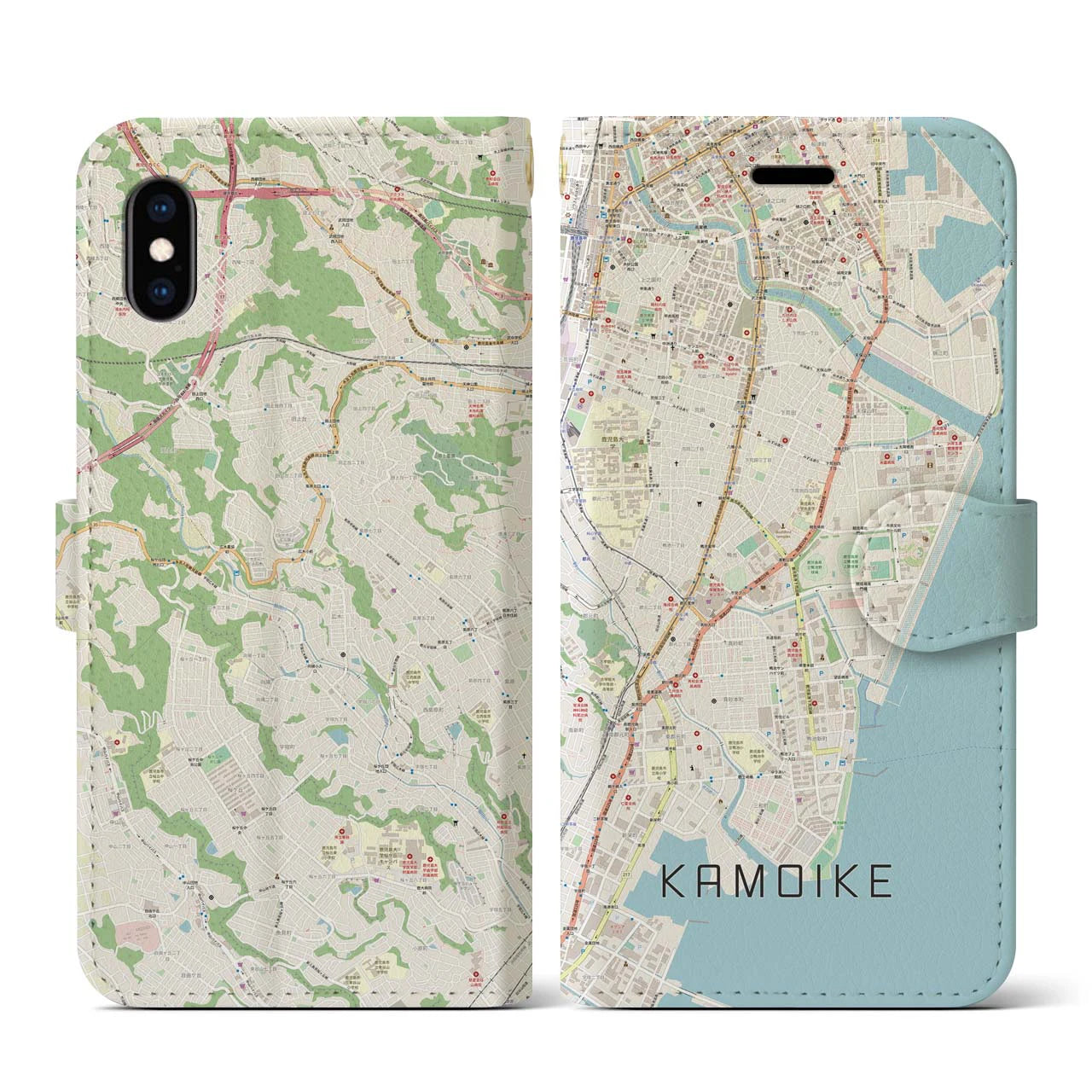 【鴨池（鹿児島県）】地図柄iPhoneケース（手帳タイプ）ナチュラル・iPhone XS / X 用