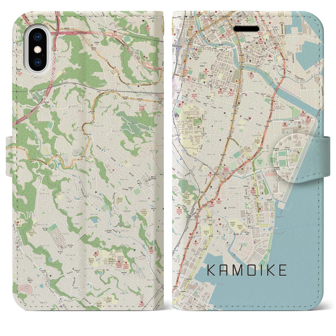 【鴨池（鹿児島県）】地図柄iPhoneケース（手帳タイプ）ナチュラル・iPhone XS Max 用