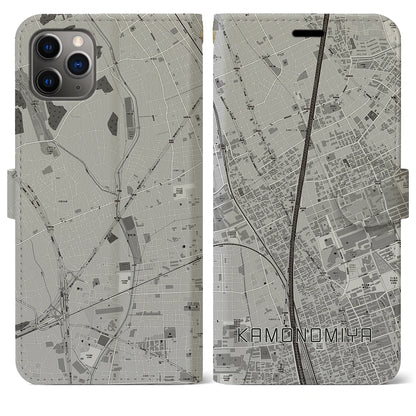 【加茂宮（埼玉県）】地図柄iPhoneケース（手帳タイプ）モノトーン・iPhone 11 Pro Max 用