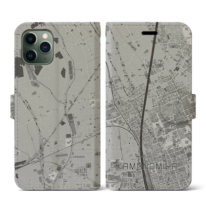 【加茂宮（埼玉県）】地図柄iPhoneケース（手帳タイプ）モノトーン・iPhone 11 Pro 用