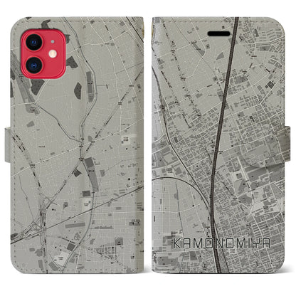 【加茂宮（埼玉県）】地図柄iPhoneケース（手帳タイプ）モノトーン・iPhone 11 用