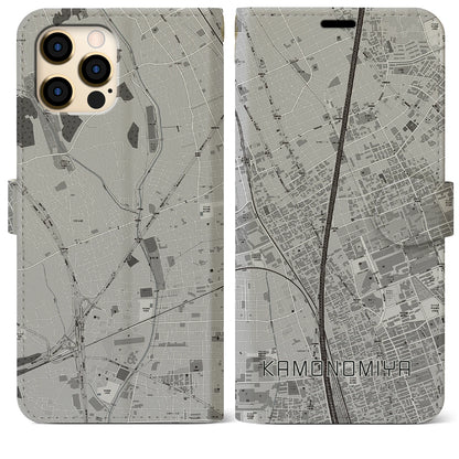 【加茂宮（埼玉県）】地図柄iPhoneケース（手帳タイプ）モノトーン・iPhone 12 Pro Max 用