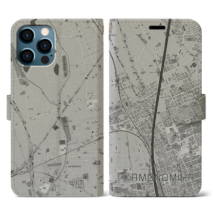 【加茂宮（埼玉県）】地図柄iPhoneケース（手帳タイプ）モノトーン・iPhone 12 / 12 Pro 用