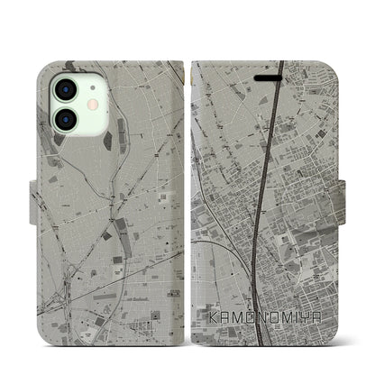 【加茂宮（埼玉県）】地図柄iPhoneケース（手帳タイプ）モノトーン・iPhone 12 mini 用
