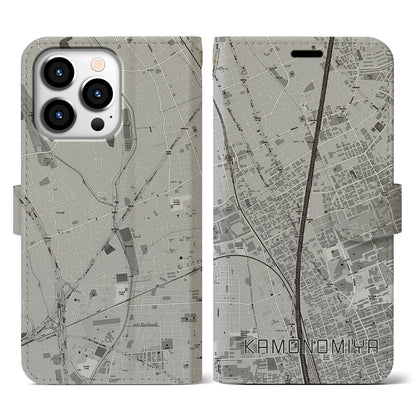 【加茂宮（埼玉県）】地図柄iPhoneケース（手帳タイプ）モノトーン・iPhone 13 Pro 用