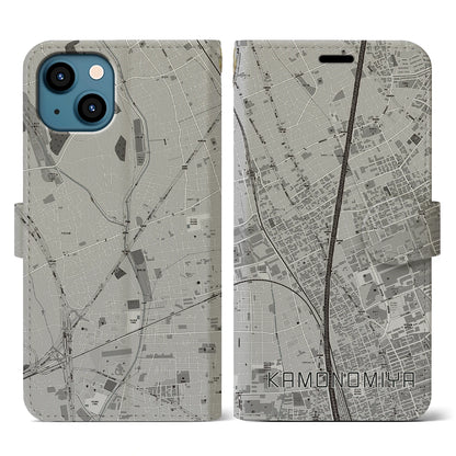 【加茂宮（埼玉県）】地図柄iPhoneケース（手帳タイプ）モノトーン・iPhone 13 用