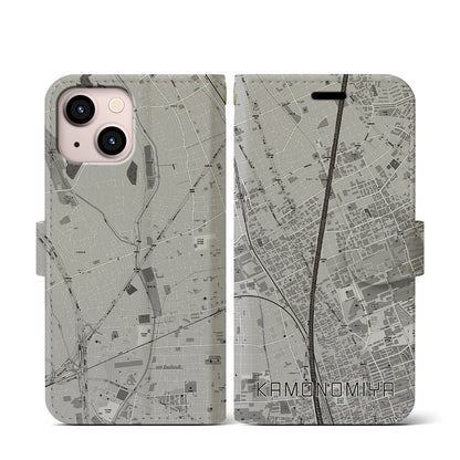 【加茂宮（埼玉県）】地図柄iPhoneケース（手帳タイプ）モノトーン・iPhone 13 mini 用