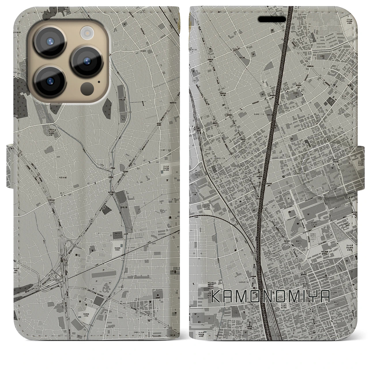 【加茂宮】地図柄iPhoneケース（手帳両面タイプ・モノトーン）iPhone 14 Pro Max 用