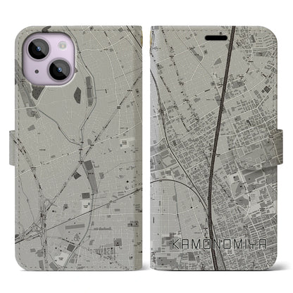 【加茂宮（埼玉県）】地図柄iPhoneケース（手帳タイプ）モノトーン・iPhone 14 用