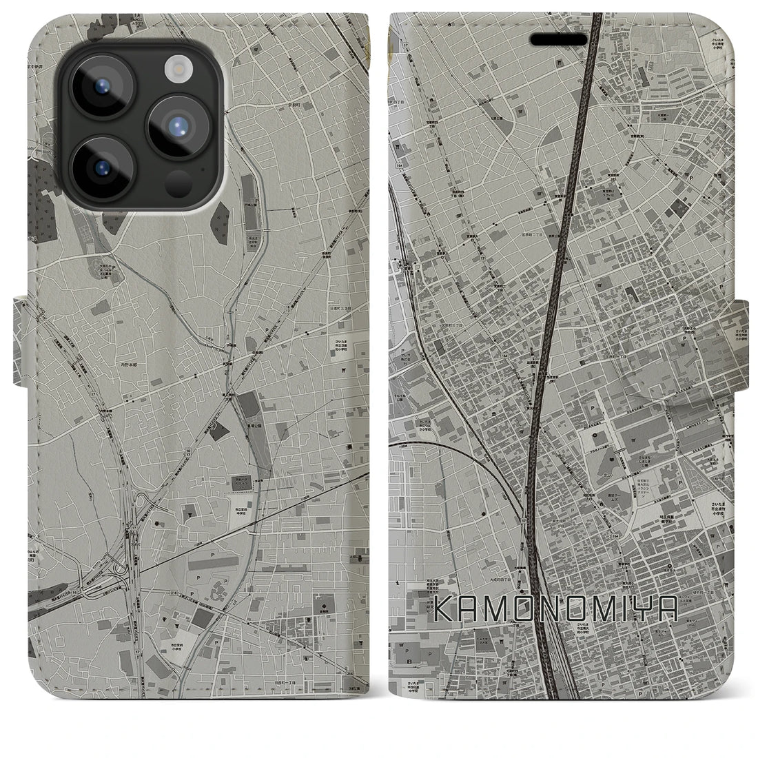 【加茂宮】地図柄iPhoneケース（手帳両面タイプ・モノトーン）iPhone 15 Pro Max 用