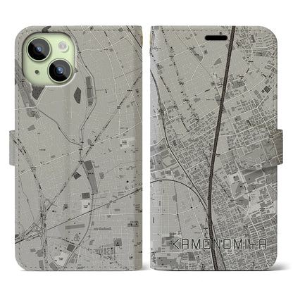 【加茂宮（埼玉県）】地図柄iPhoneケース（手帳タイプ）モノトーン・iPhone 15 用