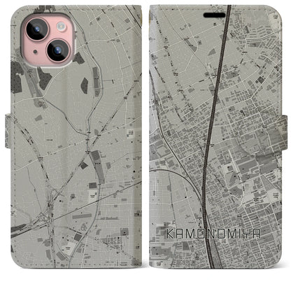 【加茂宮（埼玉県）】地図柄iPhoneケース（手帳タイプ）モノトーン・iPhone 15 Plus 用