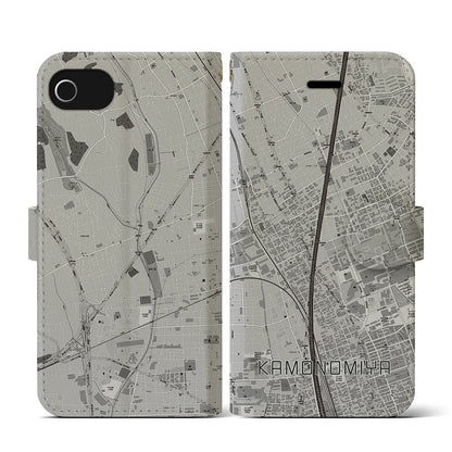 【加茂宮（埼玉県）】地図柄iPhoneケース（手帳タイプ）モノトーン・iPhone SE（第3 / 第2世代） / 8 / 7 / 6s / 6 用