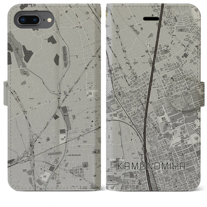 【加茂宮（埼玉県）】地図柄iPhoneケース（手帳タイプ）モノトーン・iPhone 8Plus /7Plus / 6sPlus / 6Plus 用
