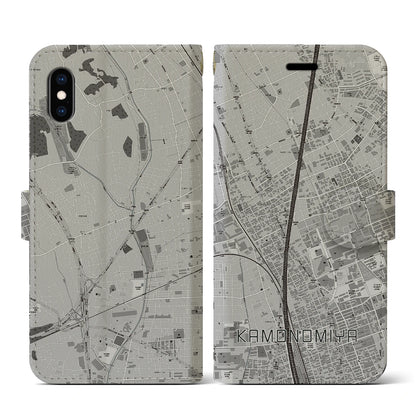 【加茂宮（埼玉県）】地図柄iPhoneケース（手帳タイプ）モノトーン・iPhone XS / X 用