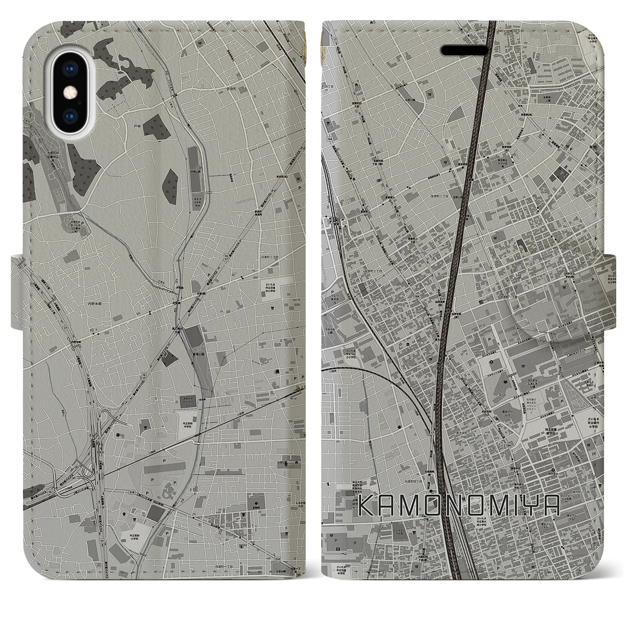 【加茂宮】地図柄iPhoneケース（手帳両面タイプ・モノトーン）iPhone XS Max 用